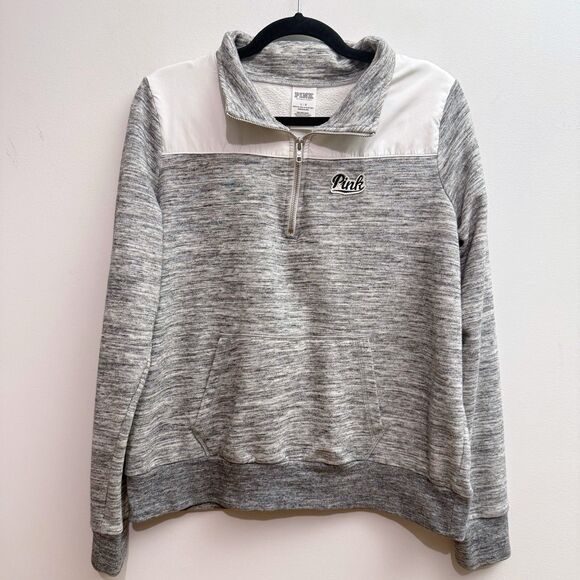 Pink Victoria's Secret Grey Pullover Long Sleeve Sweater 1/4 Zip Women's Large - Picture 1 of 6